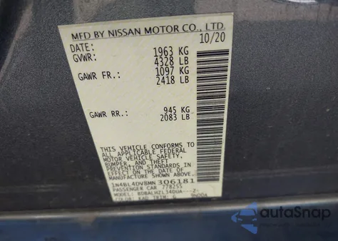 2021 Nissan Altima Sv Fwd из США, поврежденный, VIN 1N4BL4DV8MN306181